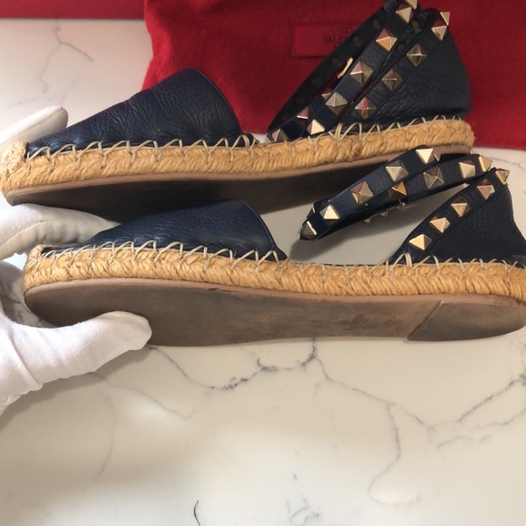 VALENTINO  GARAVANI Navy Blue Leather Rockstud Ankle Strap Espadrilles SZ 35 - Picture 5 of 16